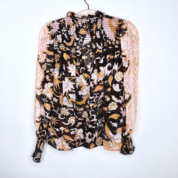 OPT One Pretty Time Smocked Floral Blouse Small Long Sleeve Peasant Metallic Top - Picture 5 of 6